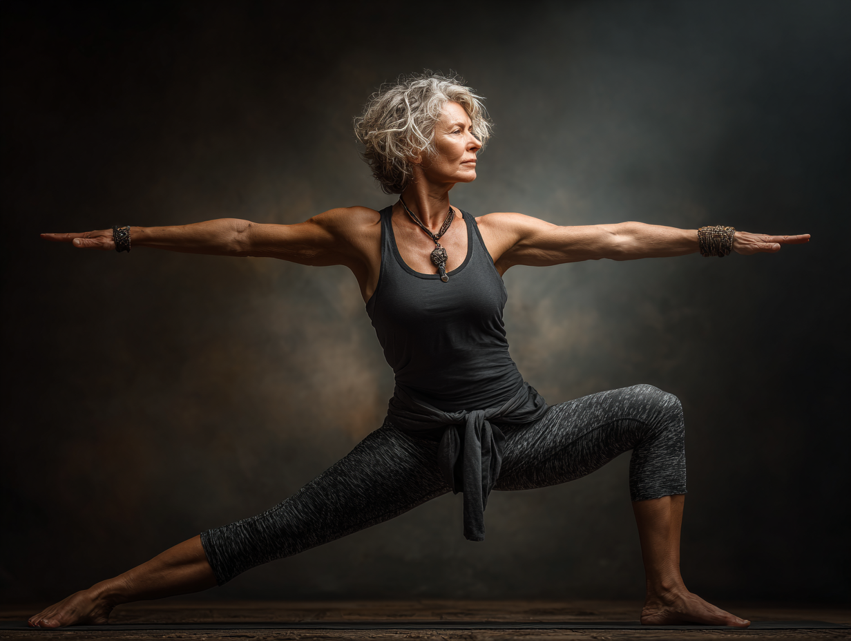 Група людей зрілого віку практикує йогу на природі